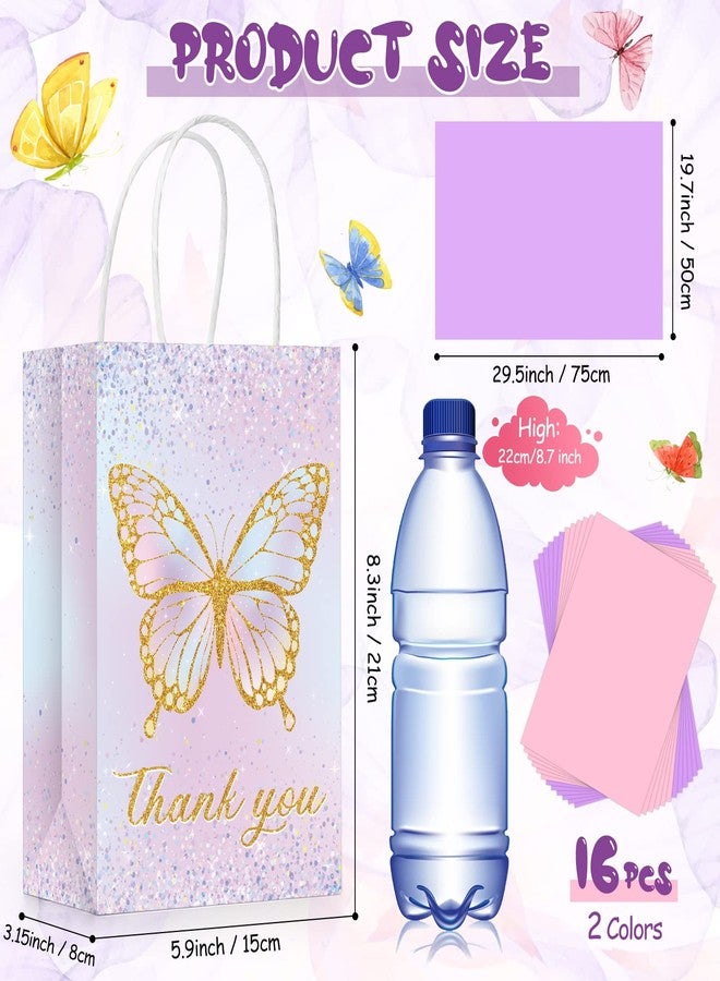 Leinuosen 16 Sets Butterfly Party Favor Bags with Tissue Paper,Pink Purple Goodie Bags for Kids Girls,Floral Treat Totes with Handles for Birthday,Baby Shower,Party,Wedding(Glitter Style) - Image 2